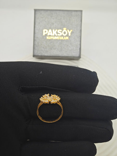 Taşlı Kar Tanesi Desenli 22 Ayar Altın Taşlı Yüzük T000113