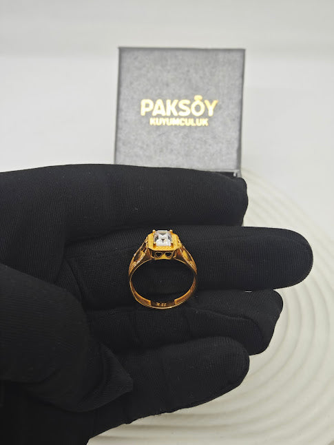 Küçük Taşlı Çift Kalp Desenli Baget 22 Ayar Altın Taşlı Yüzük T000101