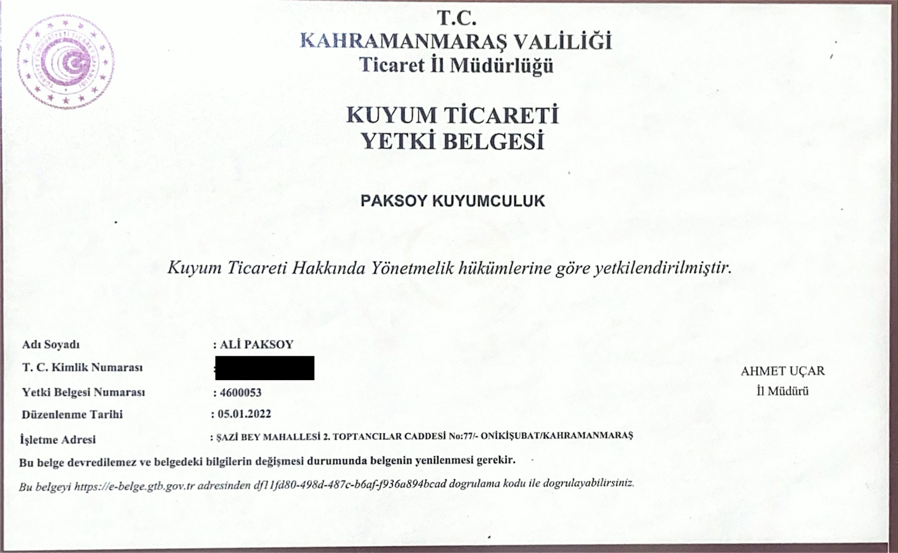 Paksoy Kuyumculuk Kuyum Ticareti Yetki Belgesi