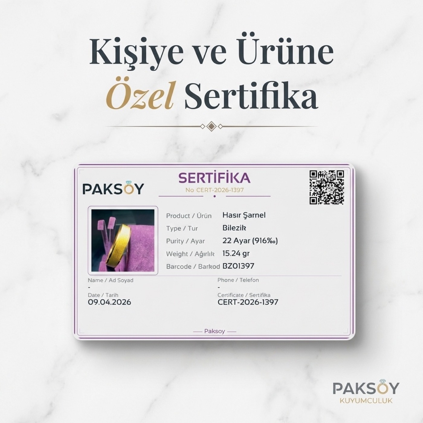 Paksoy sertifika kartı — ayar, gram, barkod ve QR kod bilgileriyle